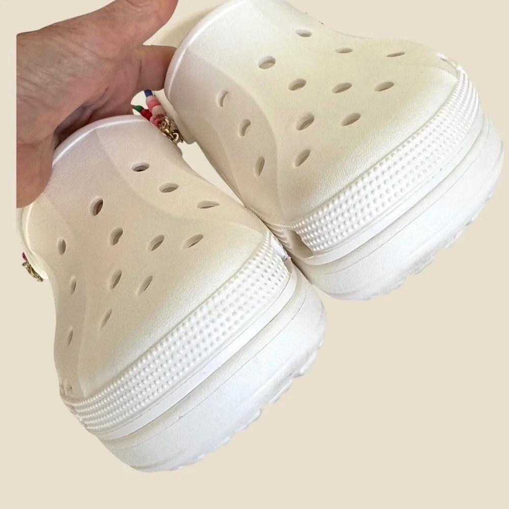 Crocs Classic Platform Clog White Rainbow Beaded Strap Charms Women's Size 11